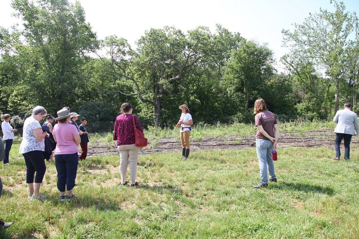 The Farm Manager with a large floppy hat speaking in the fields